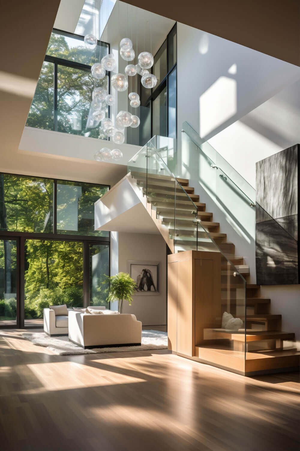 Reforma integral en vivienda de Reus – Escalera de diseño y luz natural Reforma integral en Reus con escalera de madera, cristal y salón con grandes ventanales y luz natural.