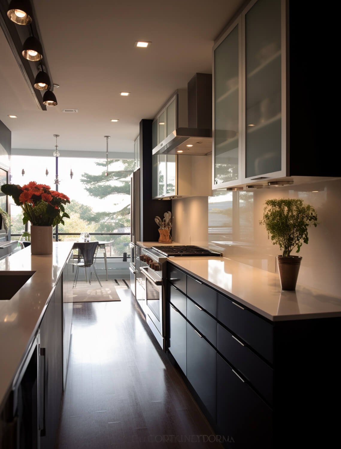 Reforma de cocina elegante con isla en Av. Sant Jordi, Reus Cocina moderna con mobiliario oscuro y encimera blanca reformada por Lucmar en la zona de Av. Sant Jordi en Reus.