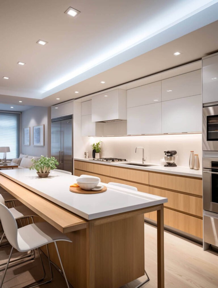 Cocina reformada en Reus con isla central, mobiliario moderno de madera clara y encimera blanca.
