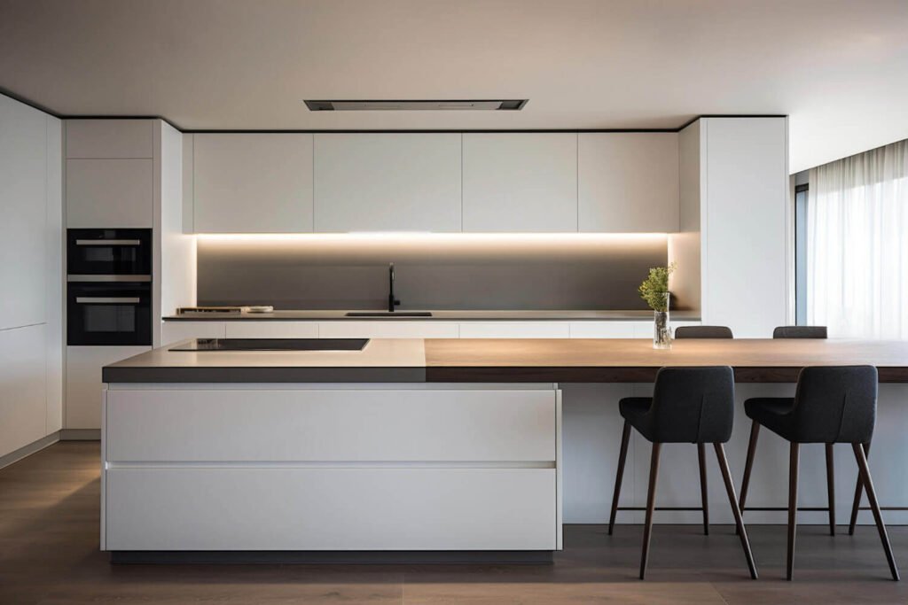 Reforma de cocina contemporánea en calle Sardana, Reus Cocina moderna reformada con isla blanca, encimera de madera y taburetes negros en piso de Reus.