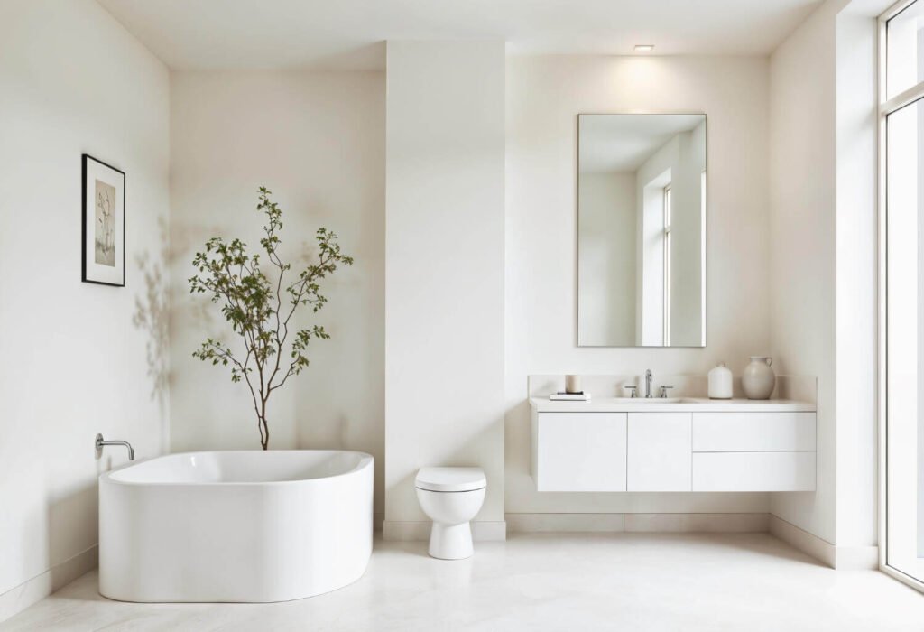 Reforma de baño en tonos blancos con bañera exenta y luz natural en la calle Doctor Vilaseca de Reus