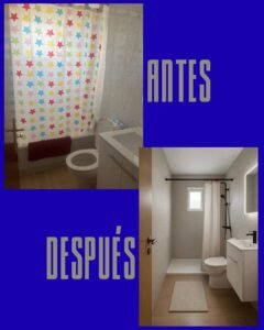 Antes y después del cambio de bañera por plato de ducha en Reus: cortina con estrellas frente a ducha extraplano con grifería negra y mueble blanco